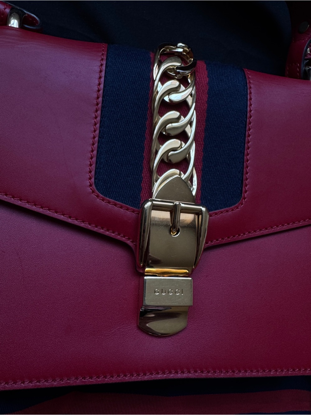 Gucci Sylvie Red Medium Leather Chain-Accent Crossbody Bag with Navy Stripe - Picture 2 of 14